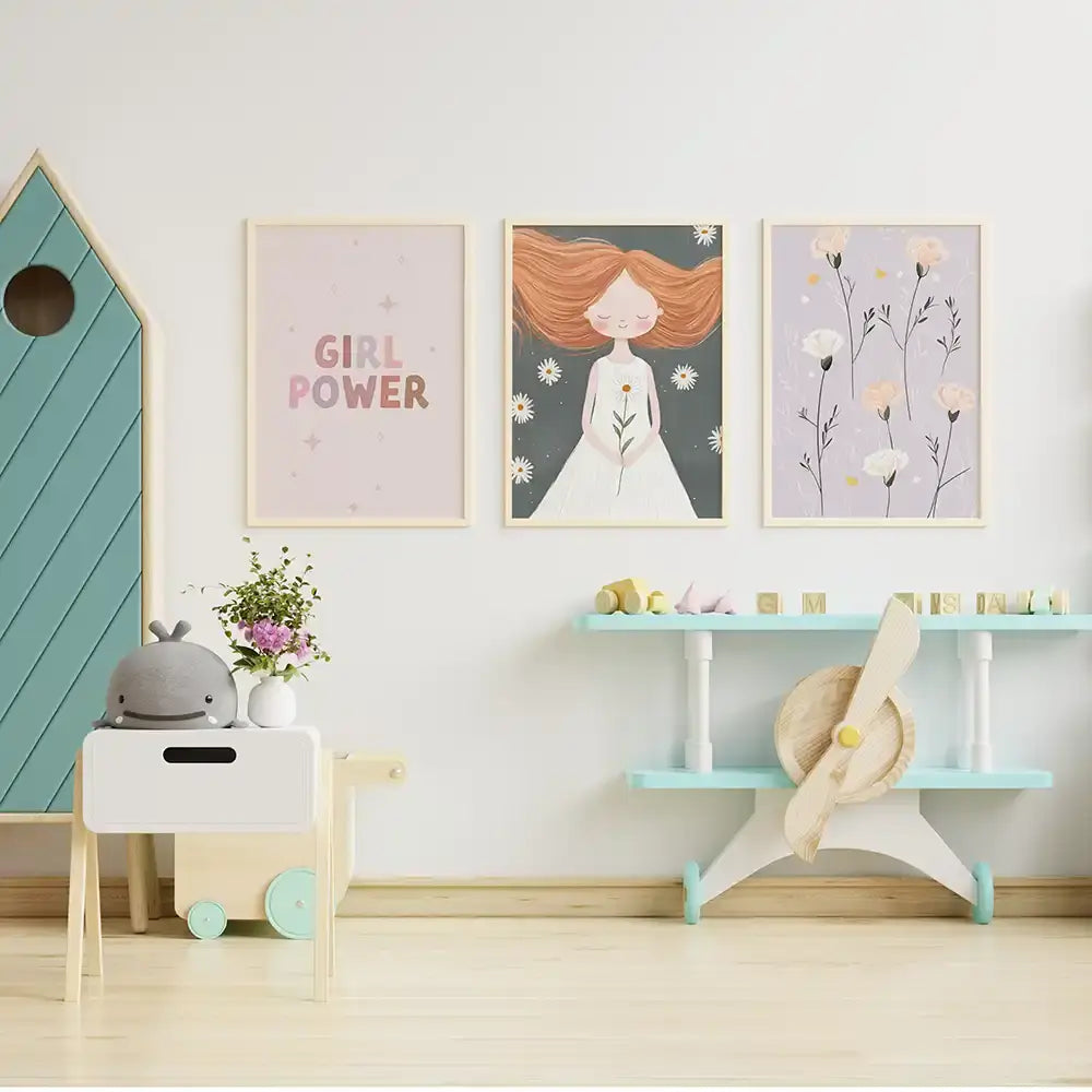 Poster 3er-Set - Girl Power, MĂ€dchen & Blumen fĂŒrs Kinderzimmer