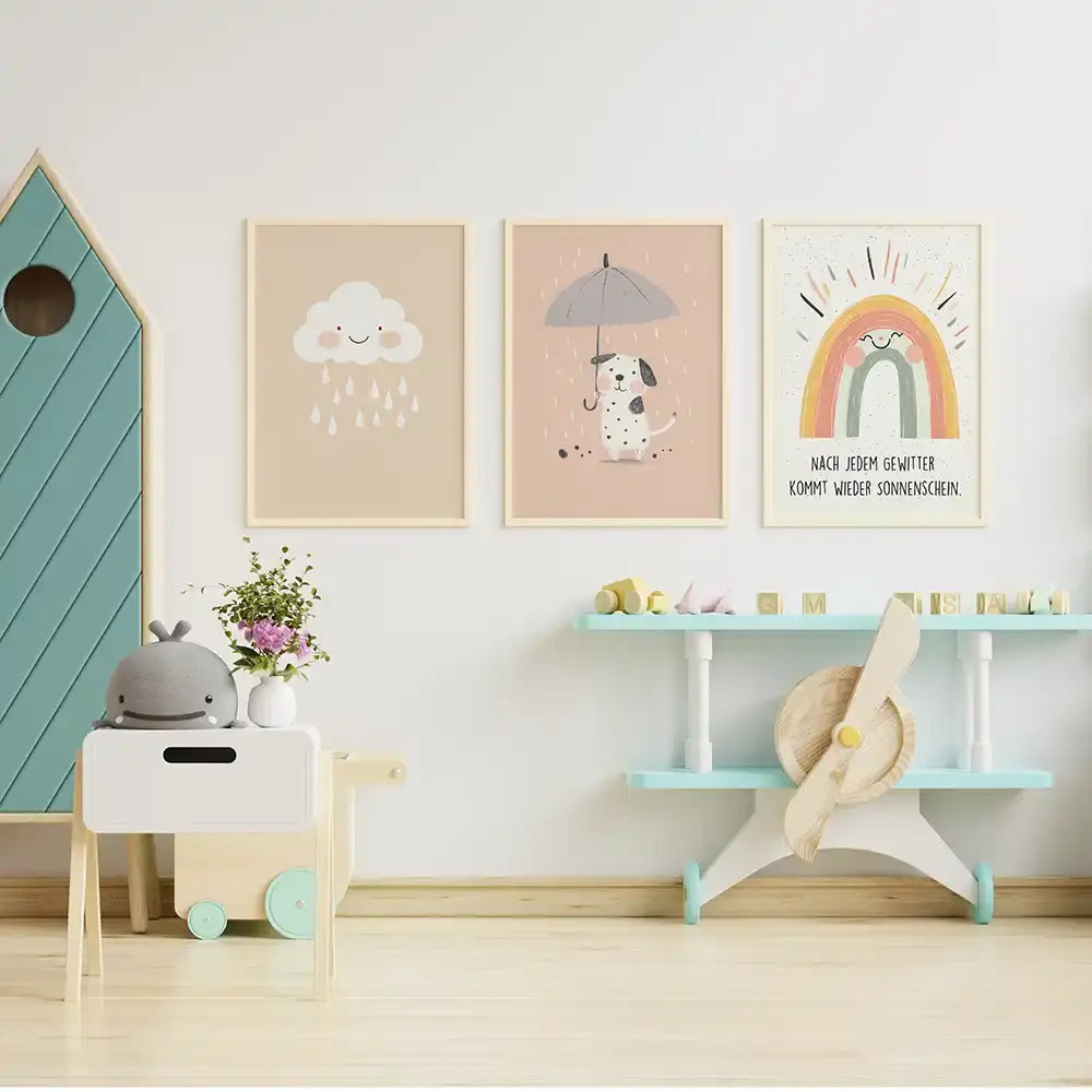 Poster 3er-Set - Wolke, Hund im Regen & Regenbogen fĂĽrs Kinderzimmer