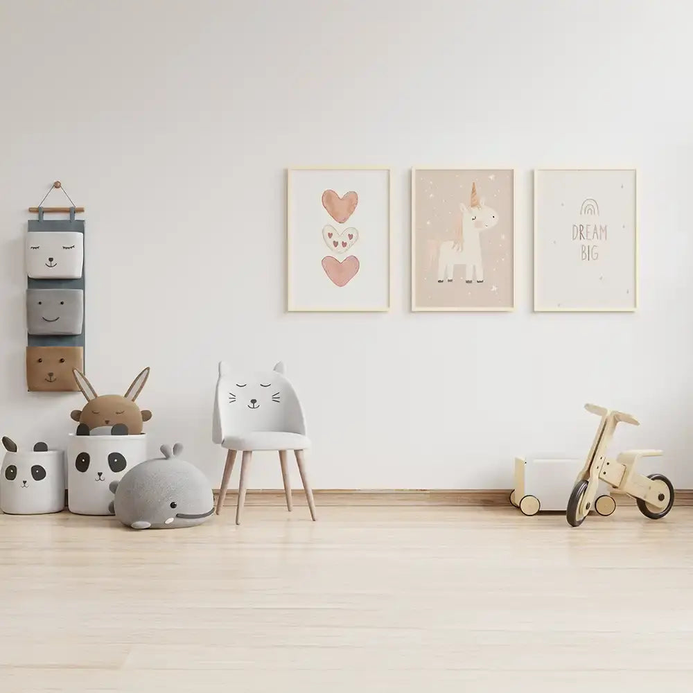 Poster 3er-Set - Herzen, Einhorn & Dream Big fĂŒrs Kinderzimmer