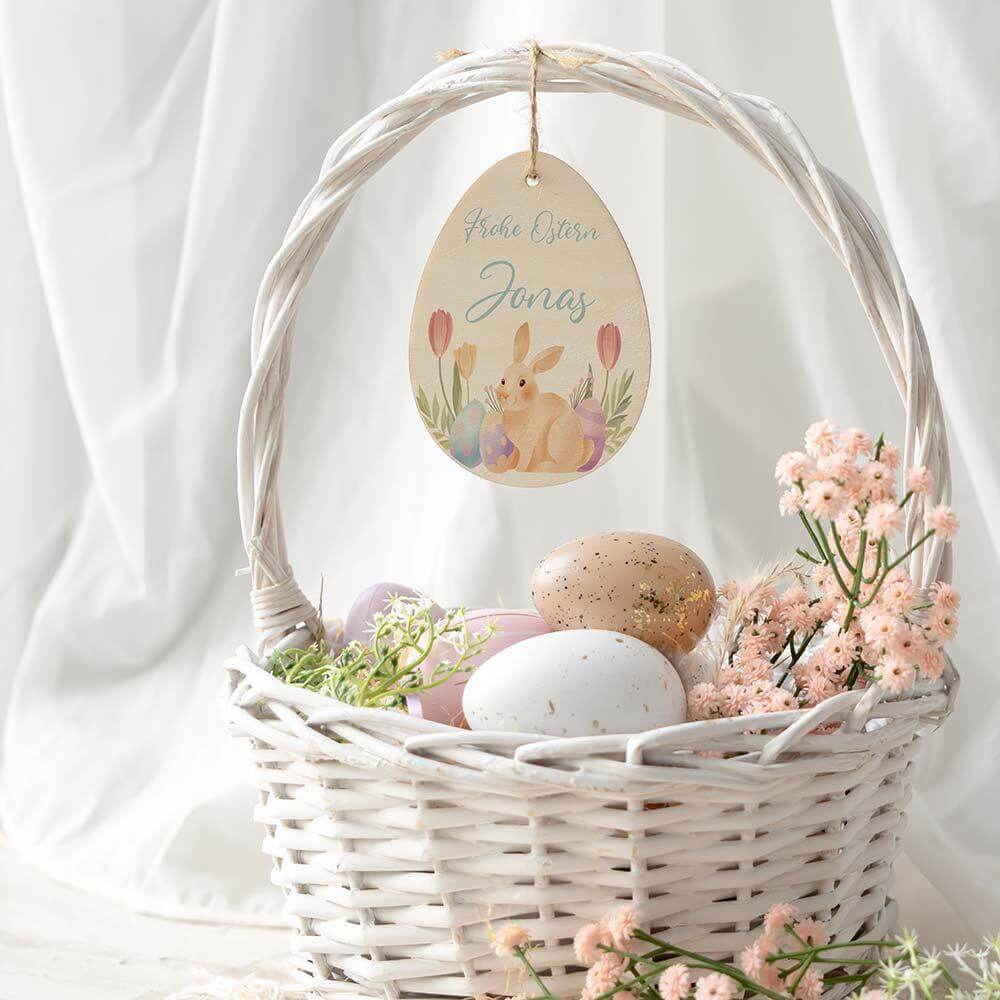 close-up of unique personalized wooden Easter egg