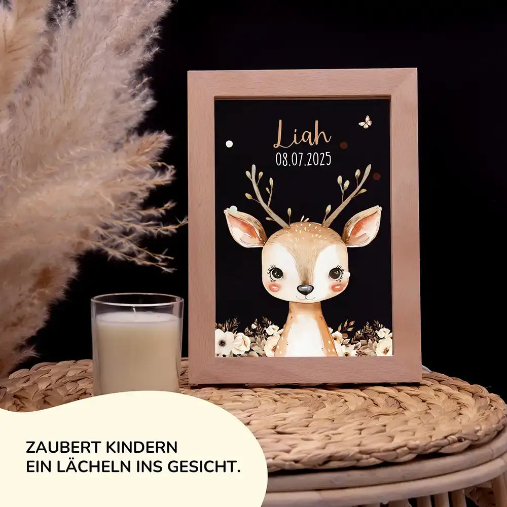 Personalisiertes LED Nachtlicht Bilderrahmen mit Namen - Baby Reh