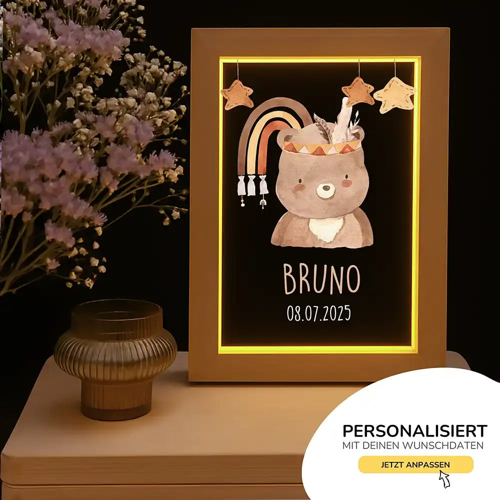 Personalisiertes LED Nachtlicht Bilderrahmen mit Namen - Boho Bär