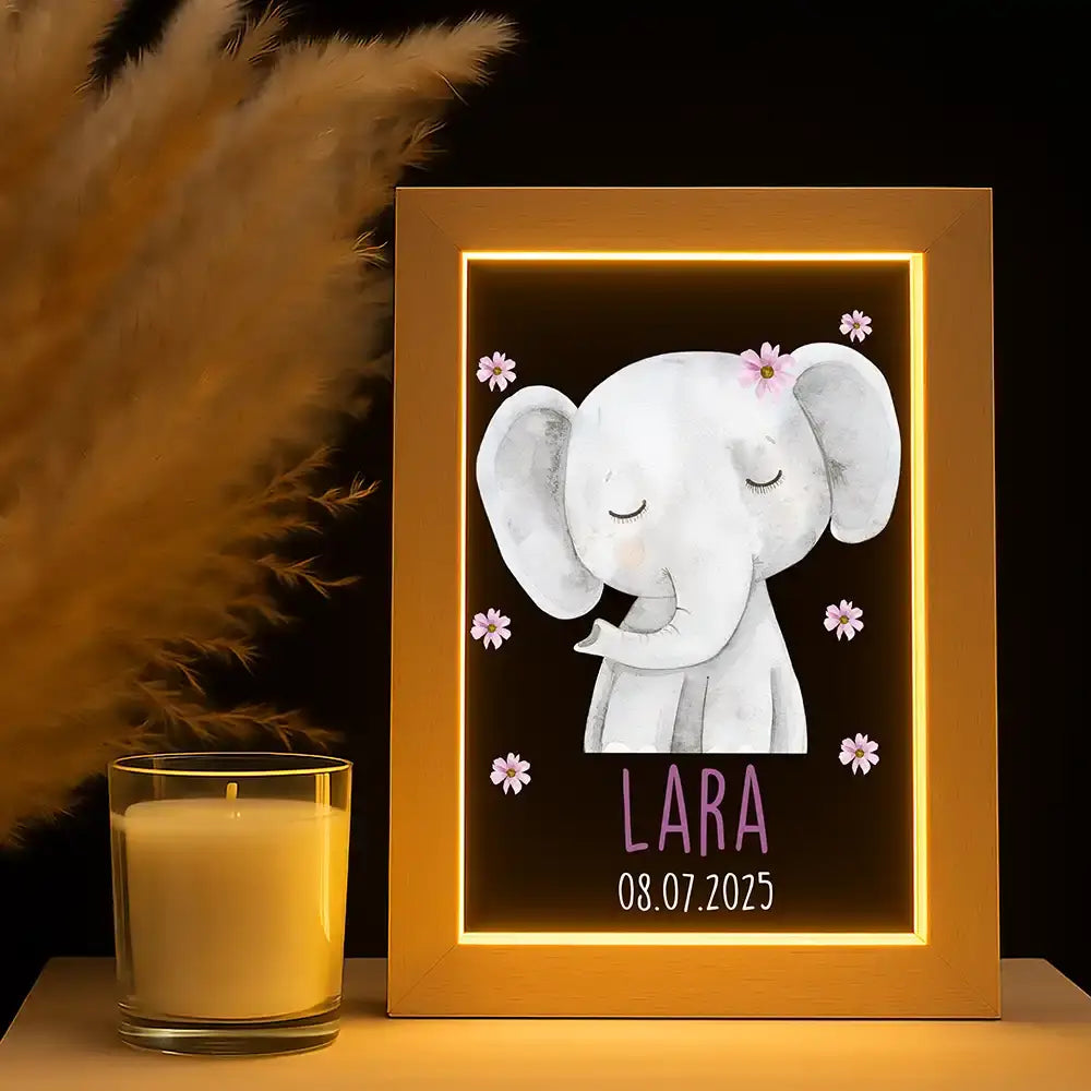 Personalisiertes LED Nachtlicht Bilderrahmen mit Namen - Elefant mit Pünktchen