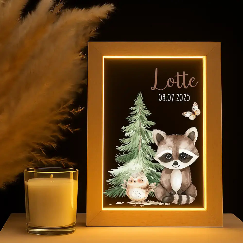 Personalisiertes LED Nachtlicht Bilderrahmen mit Namen - Waschbär und Eule