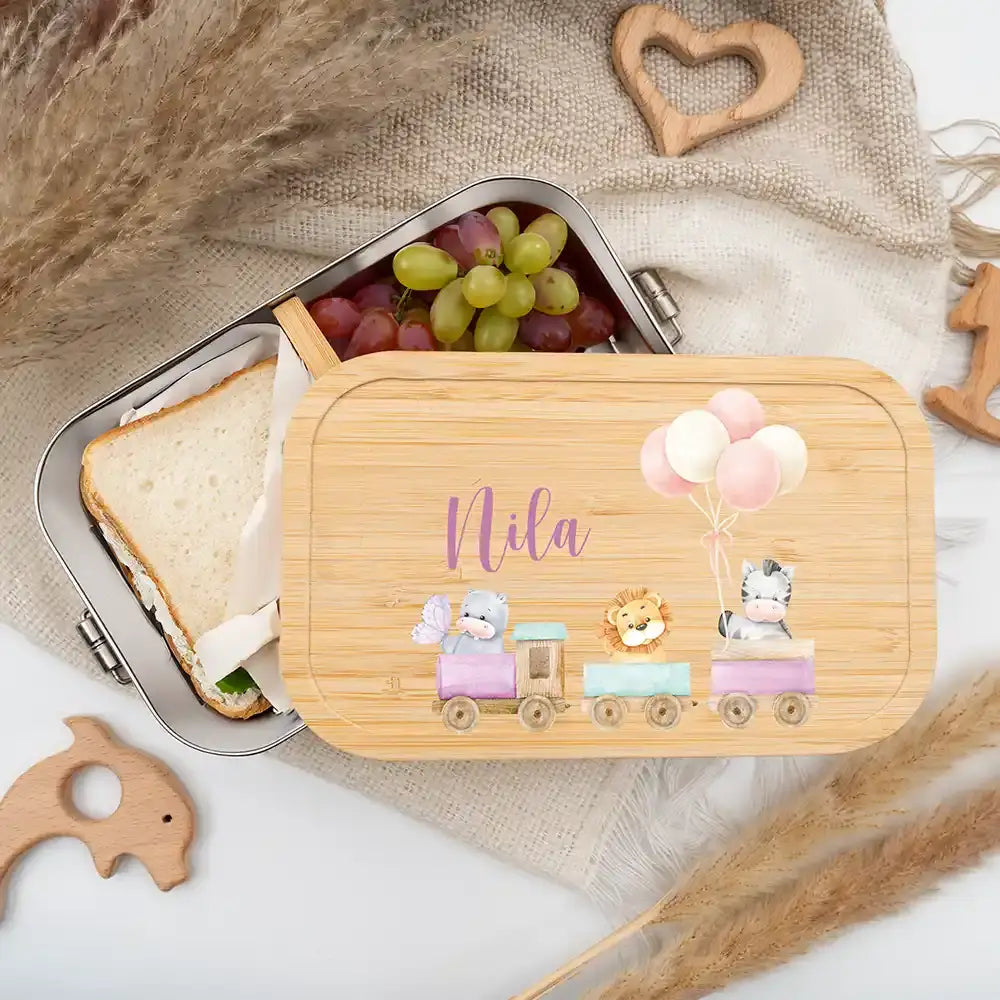personalisierte brotdose mit tiere eisenbahn design