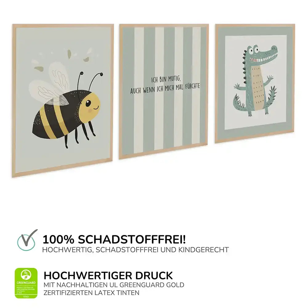 Poster 3er-Set - Biene, Krokodil & Mut Affirmation fürs Kinderzimmer
