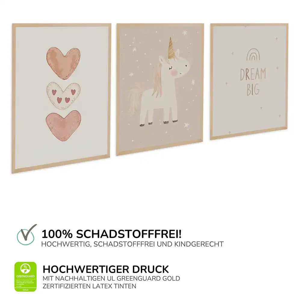 Poster 3er-Set - Herzen, Einhorn & Dream Big fĂŒrs Kinderzimmer