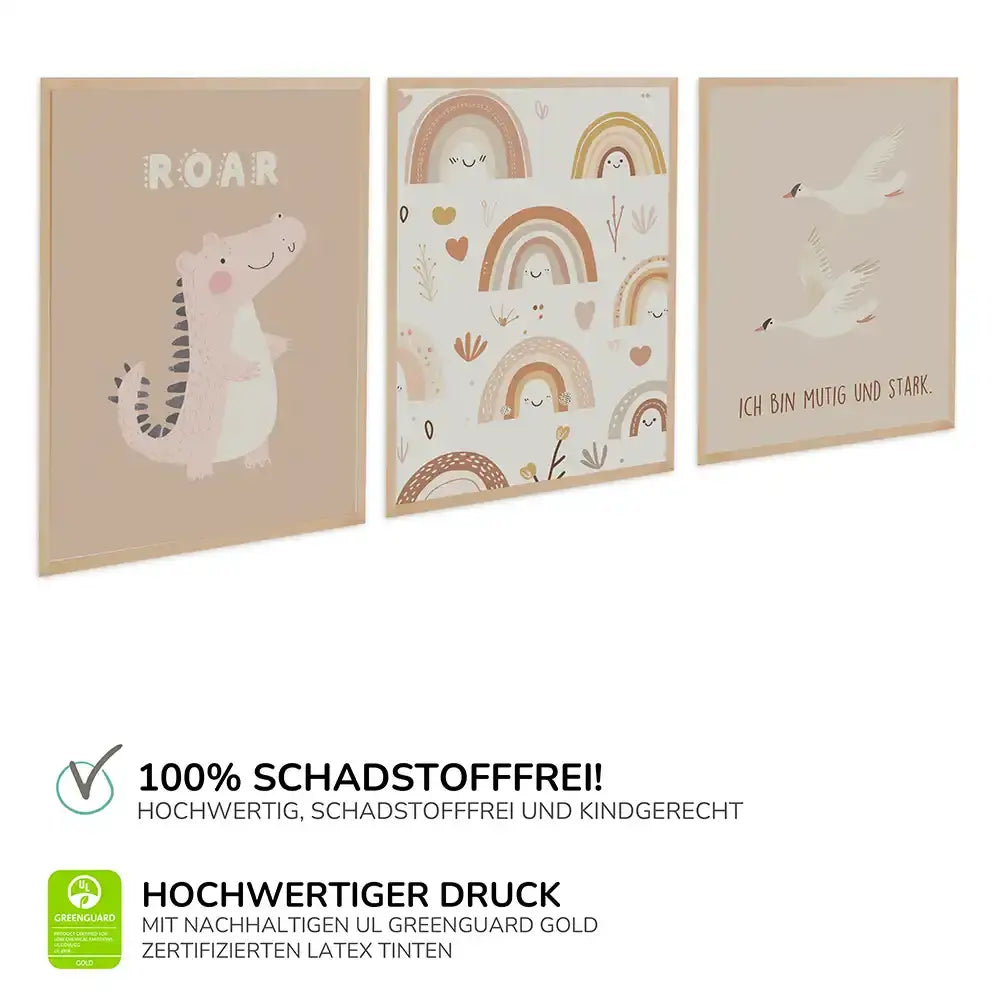 Poster 3er-Set - Dinosaurier, Regenbögen & Vögel fürs Kinderzimmer