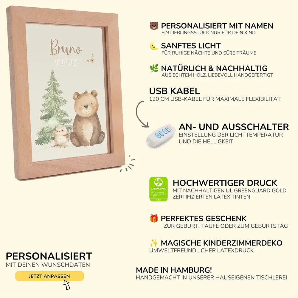 Personalisiertes LED Nachtlicht Bilderrahmen mit Namen - Papa Bär