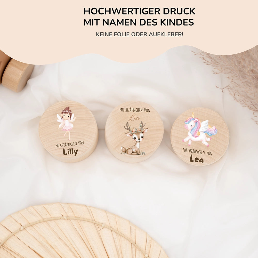 Zahndose Milchzähne personalisiert - süßem Reh Motiv