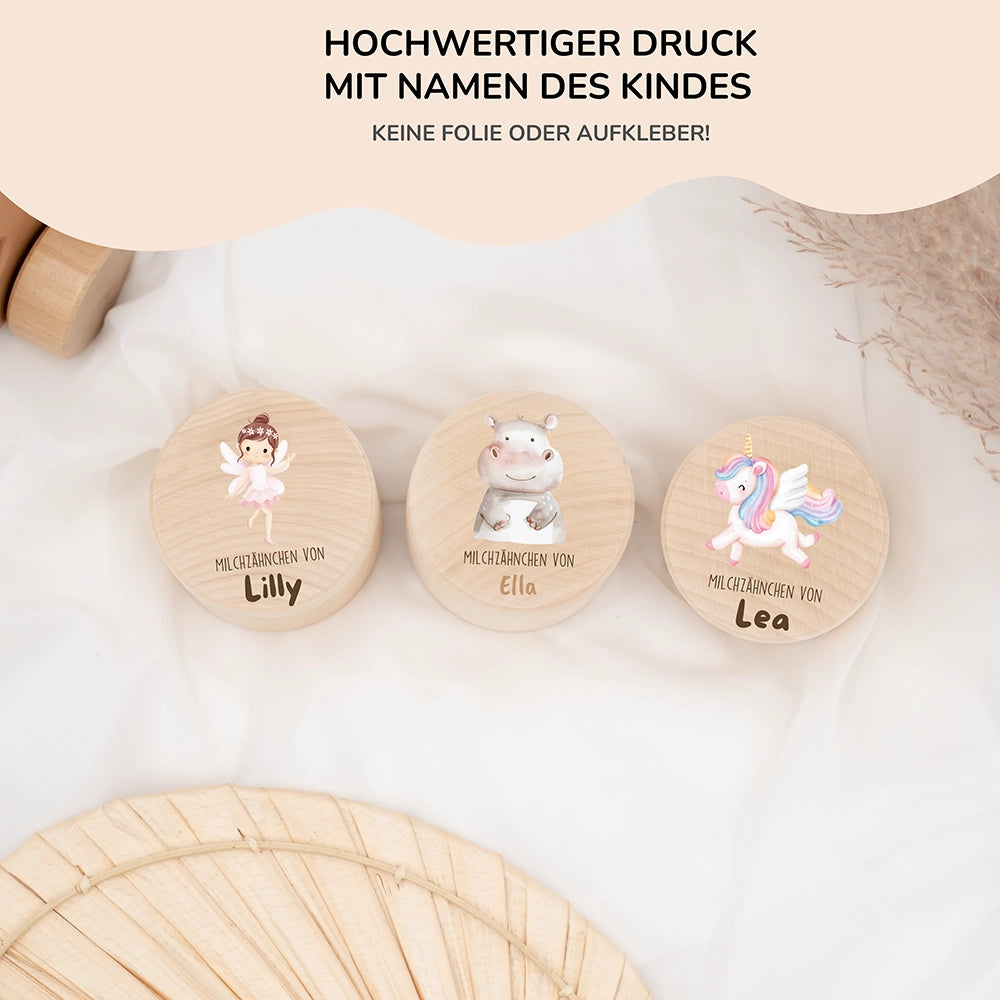 Zahndose Milchzähne personalisiert - Holz Zahnbox mit Wunschnamen - Nilfperd
