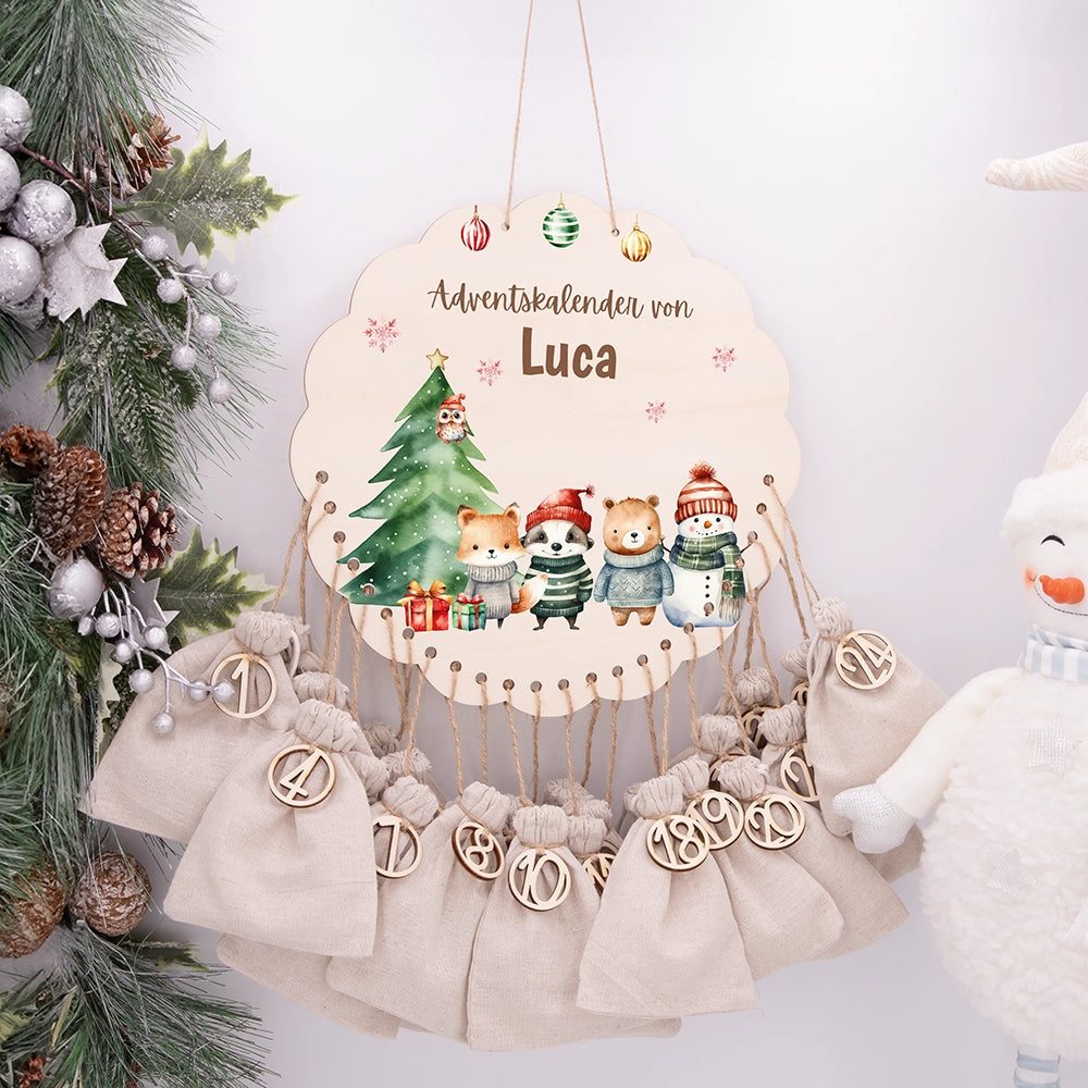 Personalisierter runder Adventskalender Kinder aus Holz - Tierische Weihnachtsbande
