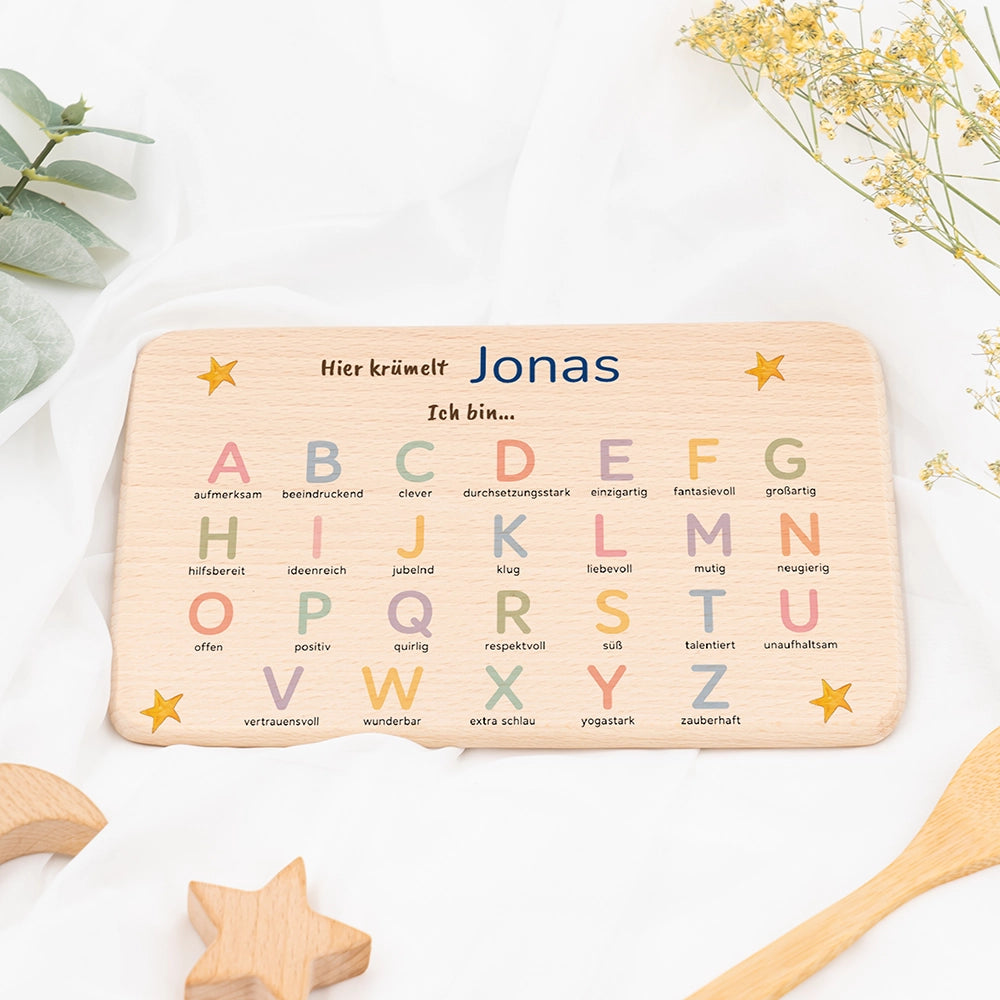 ABC Brettchen Kinder personalisiert – Sterne pastell