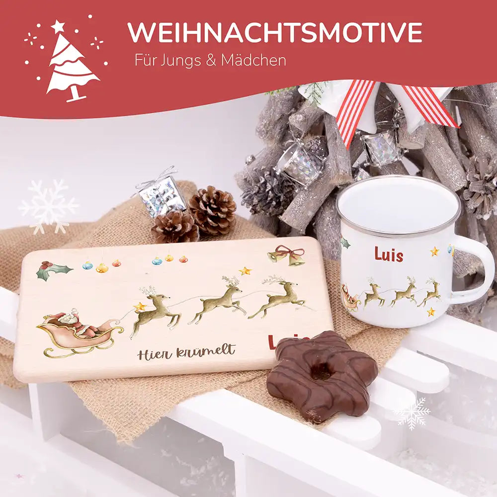 Weihnachts-Set Frühstücksbrettchen + Emaille Tasse - Rentier Schlitten
