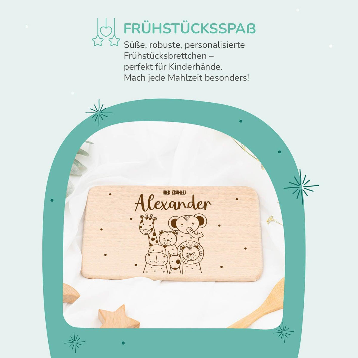 detailed view of animal friends design on breakfast board
