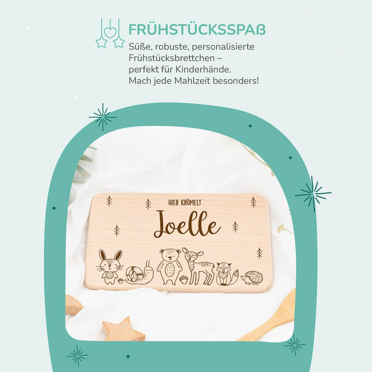 detailed view of forest animals design on breakfast board