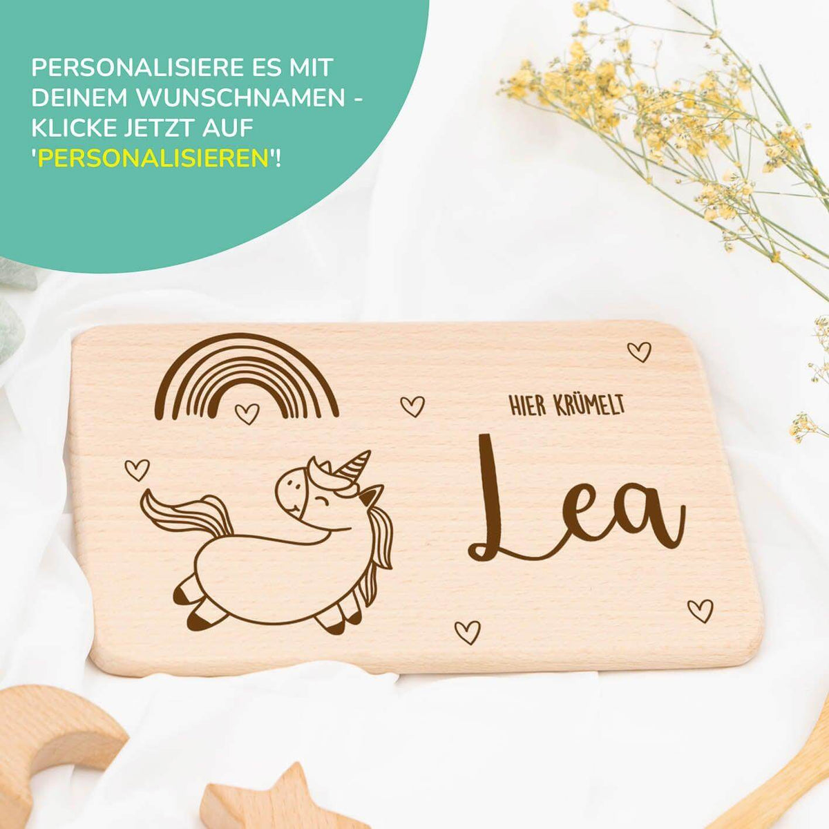 engraved breakfast board with rainbow unicorn and custom name