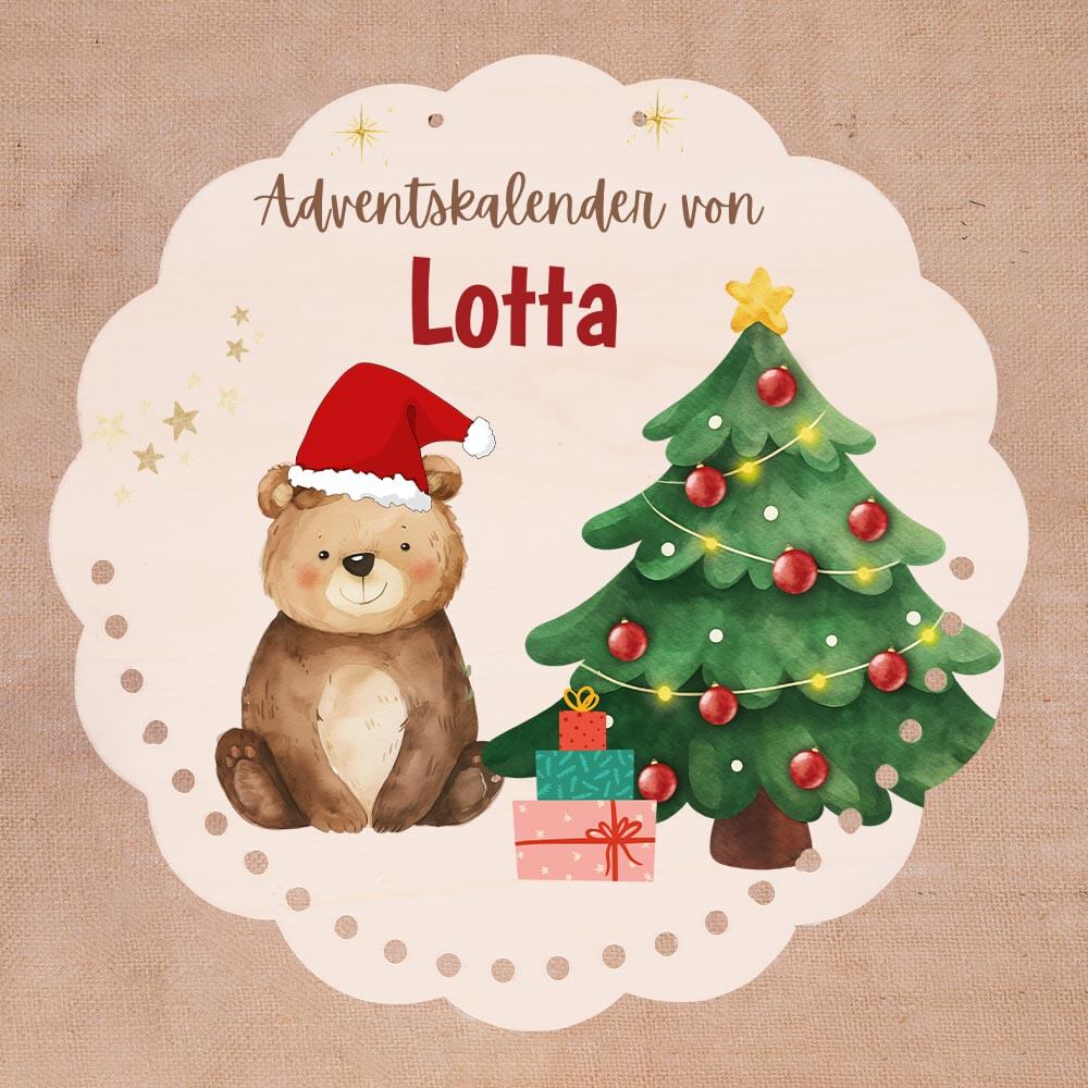 Personalisierter runder Adventskalender Kinder aus Holz - Weihnachtsbär