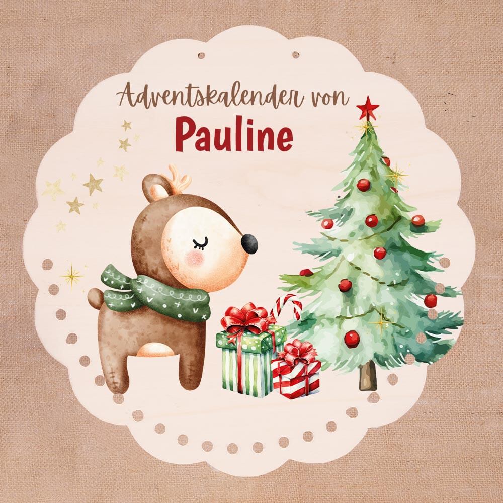 Personalisierter runder Adventskalender Kinder aus Holz - Baby Reh