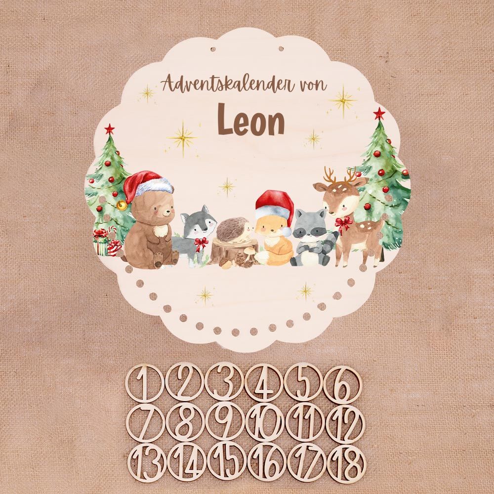 Personalisierter runder Adventskalender Kinder aus Holz - Winterwunderland