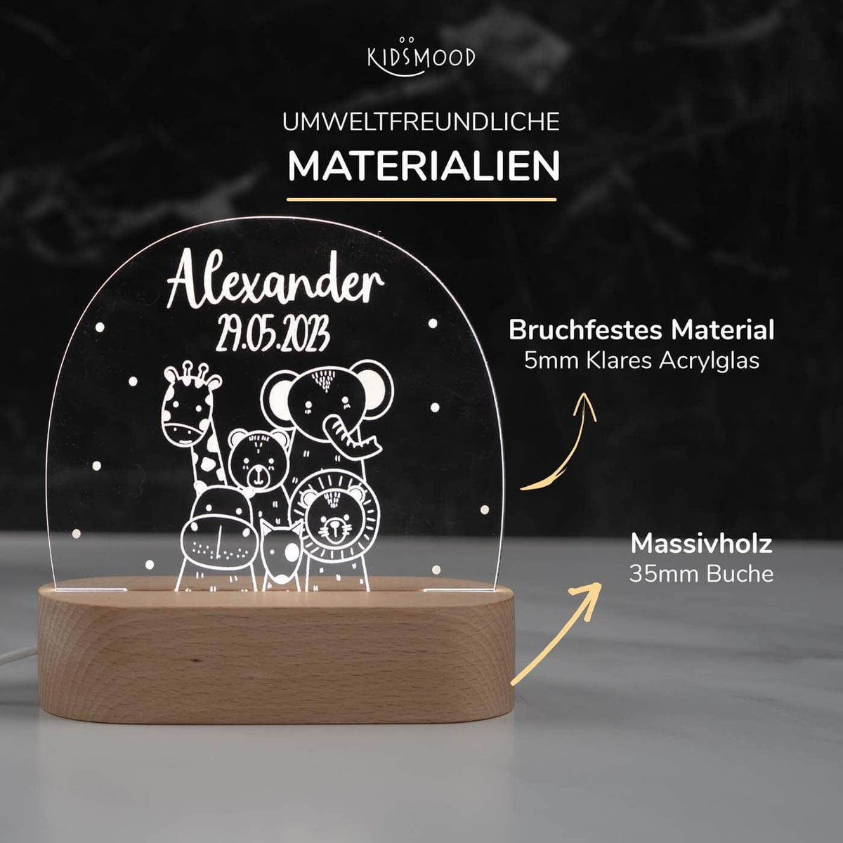 personalisiertes geschenk nachtlampe mit tierfreunde und geburtsdatum