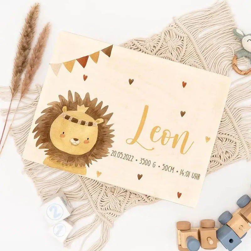 Erinnerungsbox Baby, Erinnerungskiste Baby Boho Löwe Design