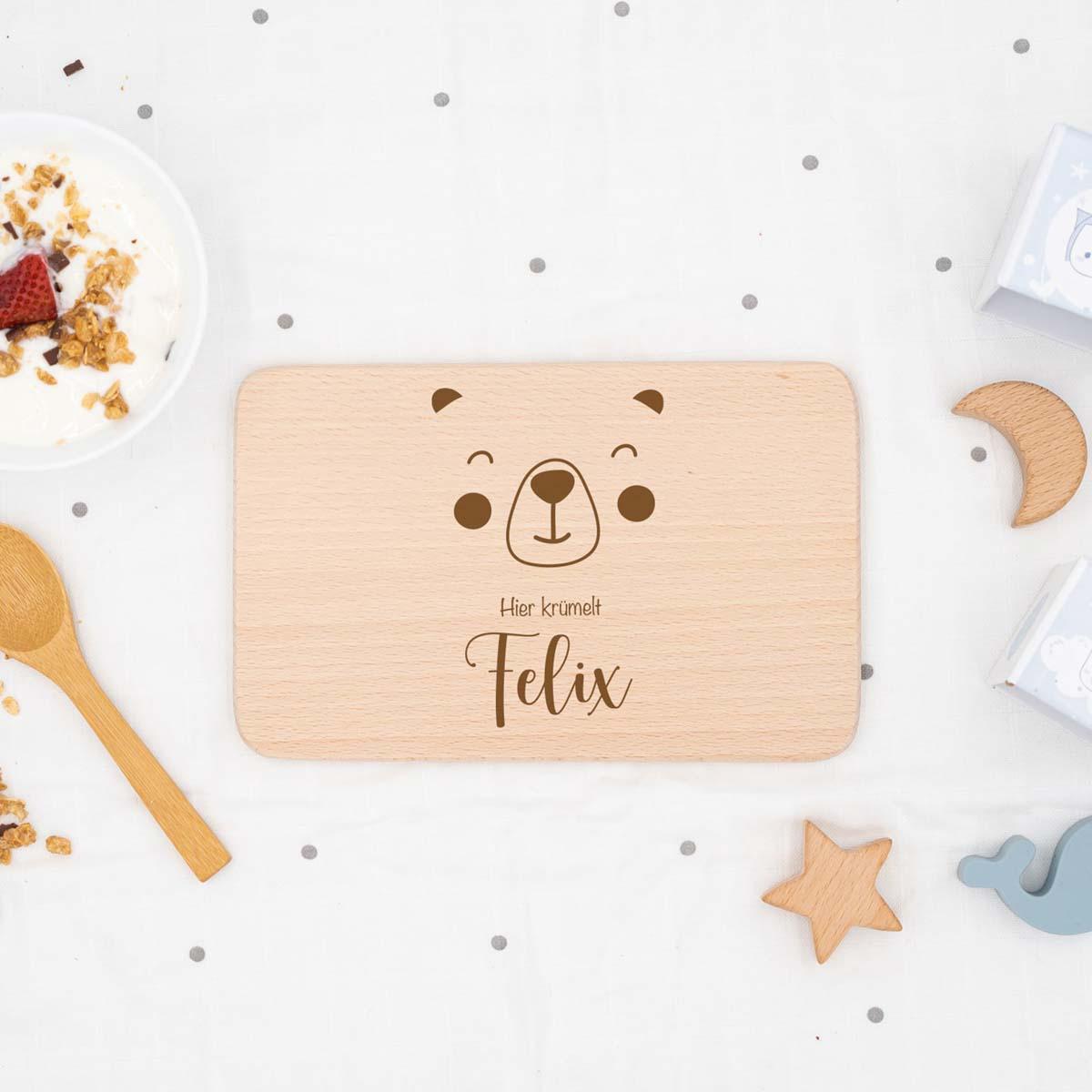 handcrafted breakfast board with bear face engraving