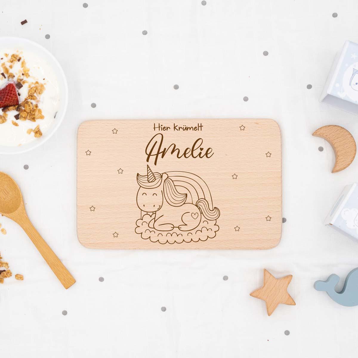 custom unicorn design on wooden breakfast board