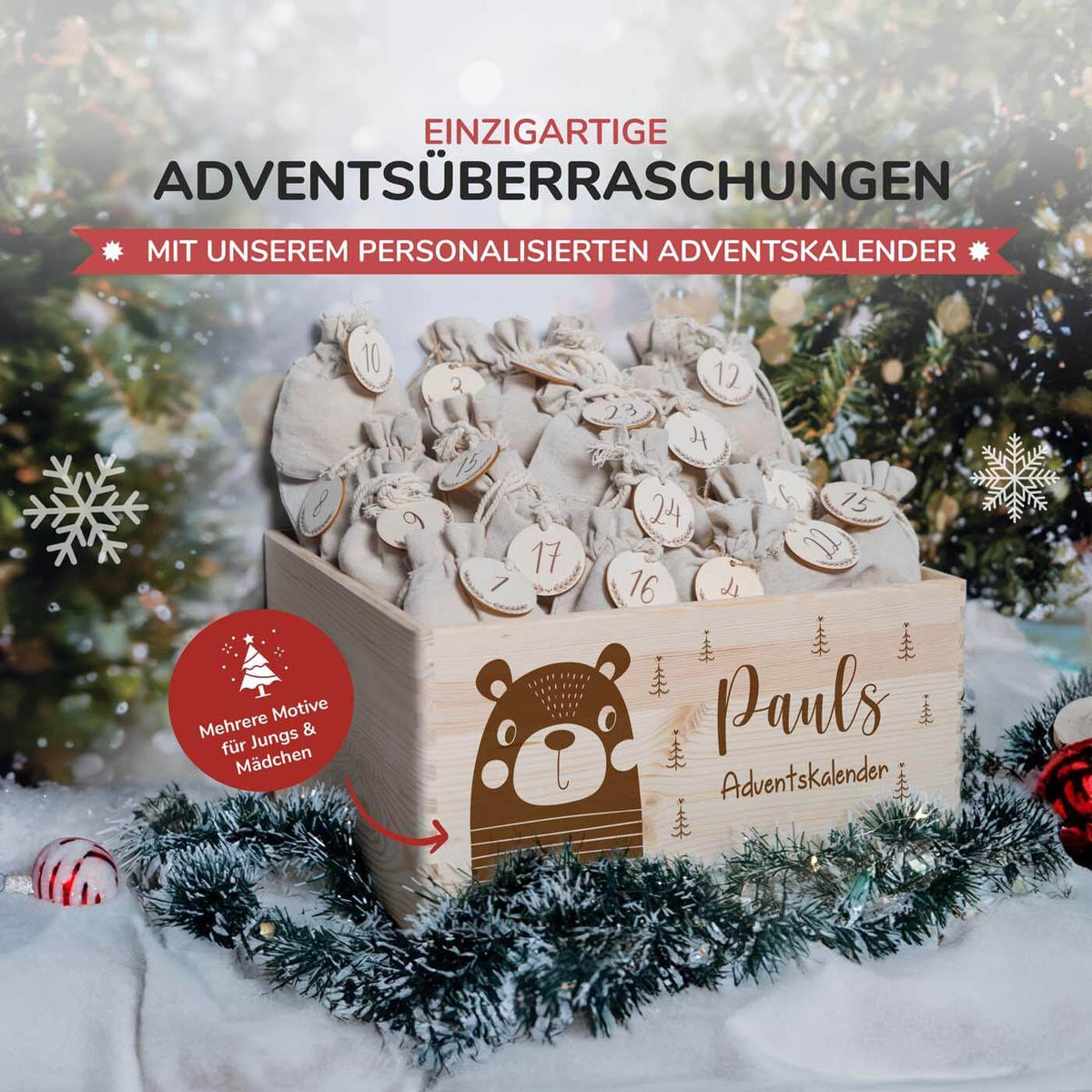 hochwertiger adventskalender mit bÀr personalisiert