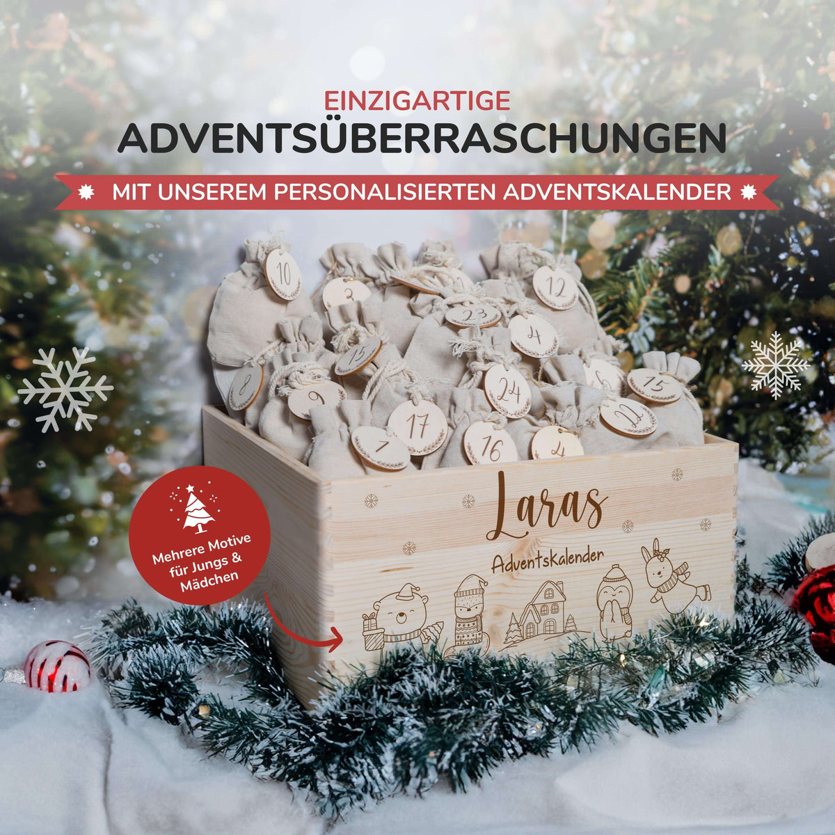nahaufnahme des adventskalenders mit tierfamilie motiv