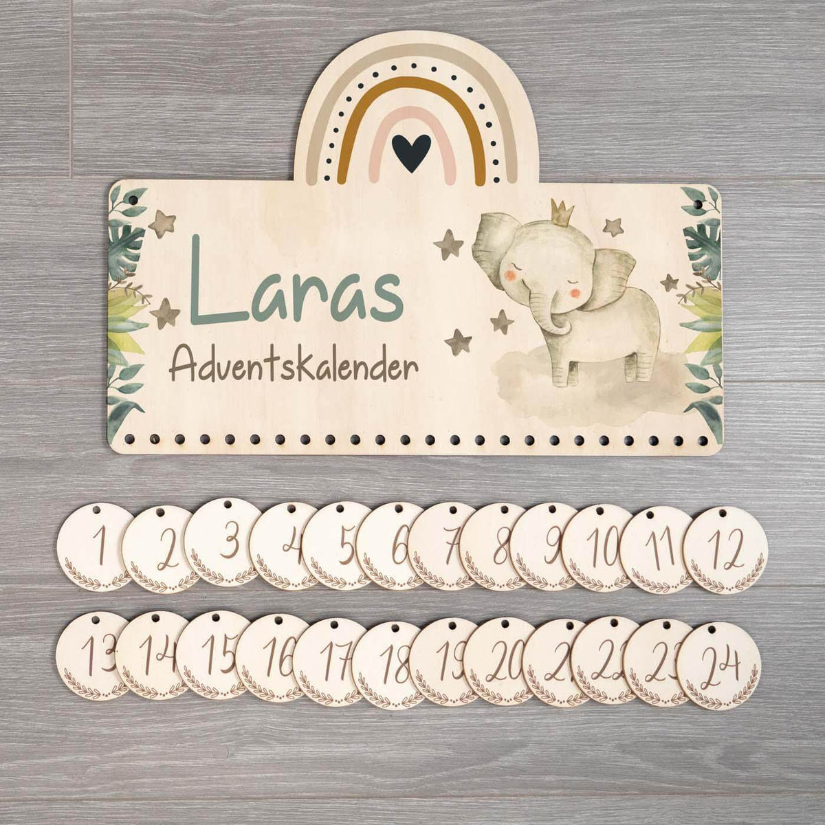 high-quality advent calendar with elephant design and custom name