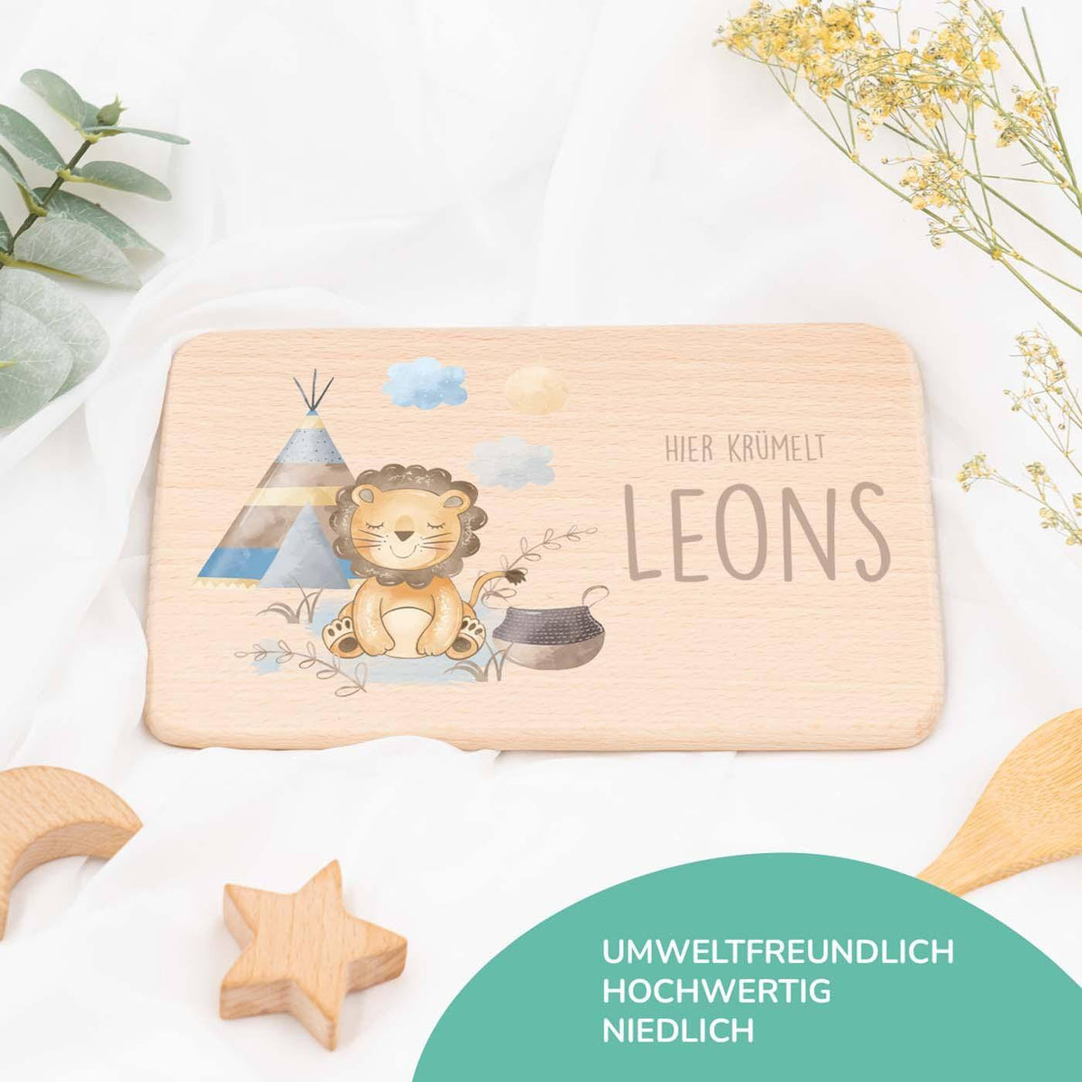 frühstücksbrettchen mit tipi-löwe motiv und individuellem namen