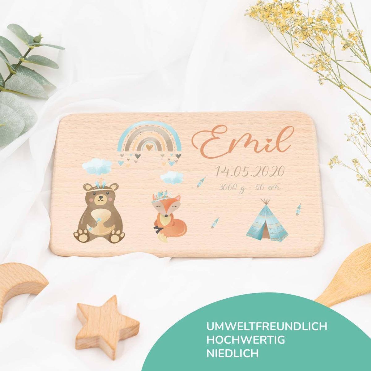 frühstücksbrettchen mit tipi motiv und individuellem namen