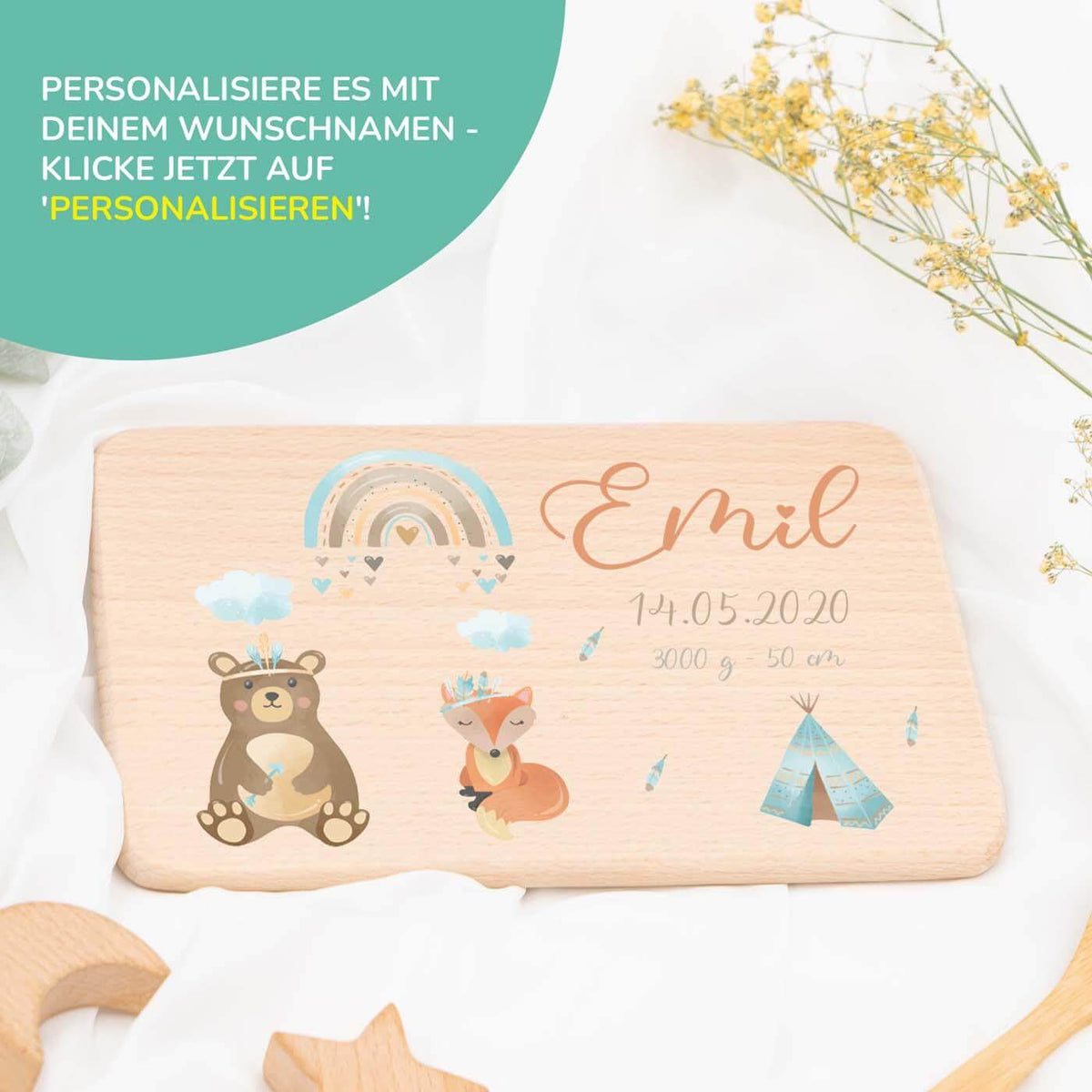 hochwertiges frühstücksbrettchen mit tipi personalisiert