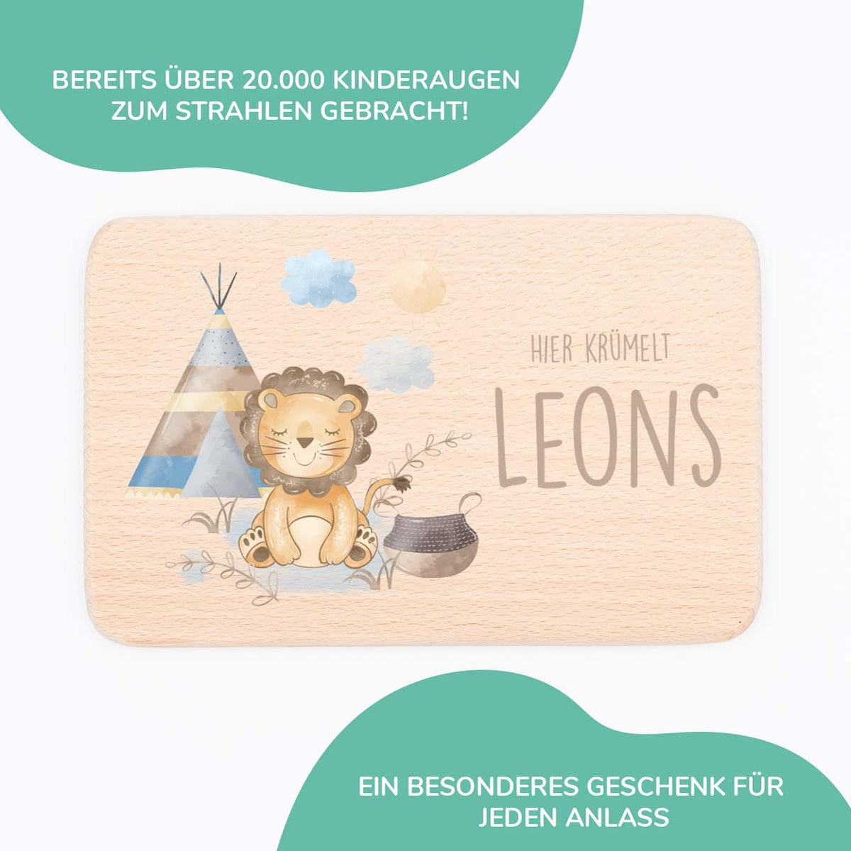 personalisiertes geschenk frühstücksbrettchen mit tipi-löwe design
