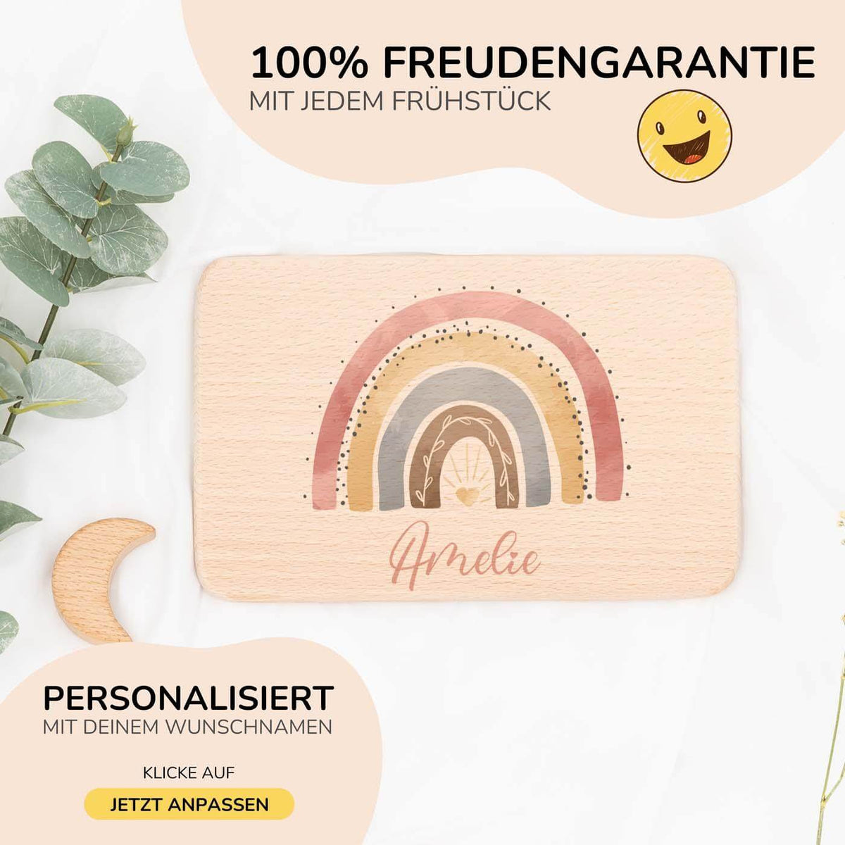 nahaufnahme des frĂĽhstĂĽcksbrettchens mit regenbogen motiv