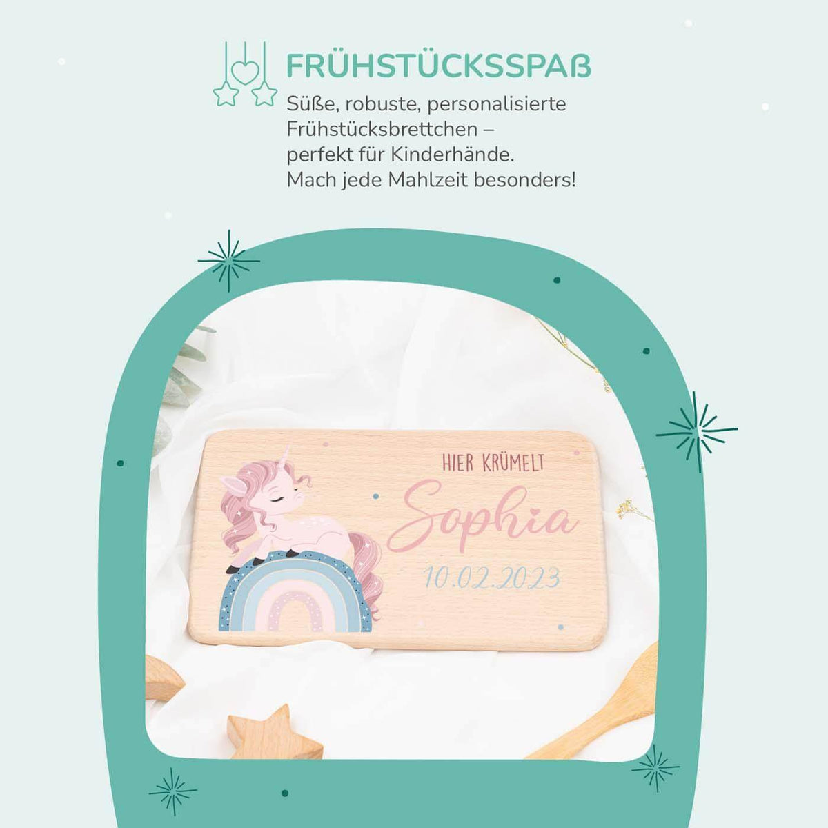 personalisiertes geschenk frühstücksbrettchen mit einhorn-regenbogen design