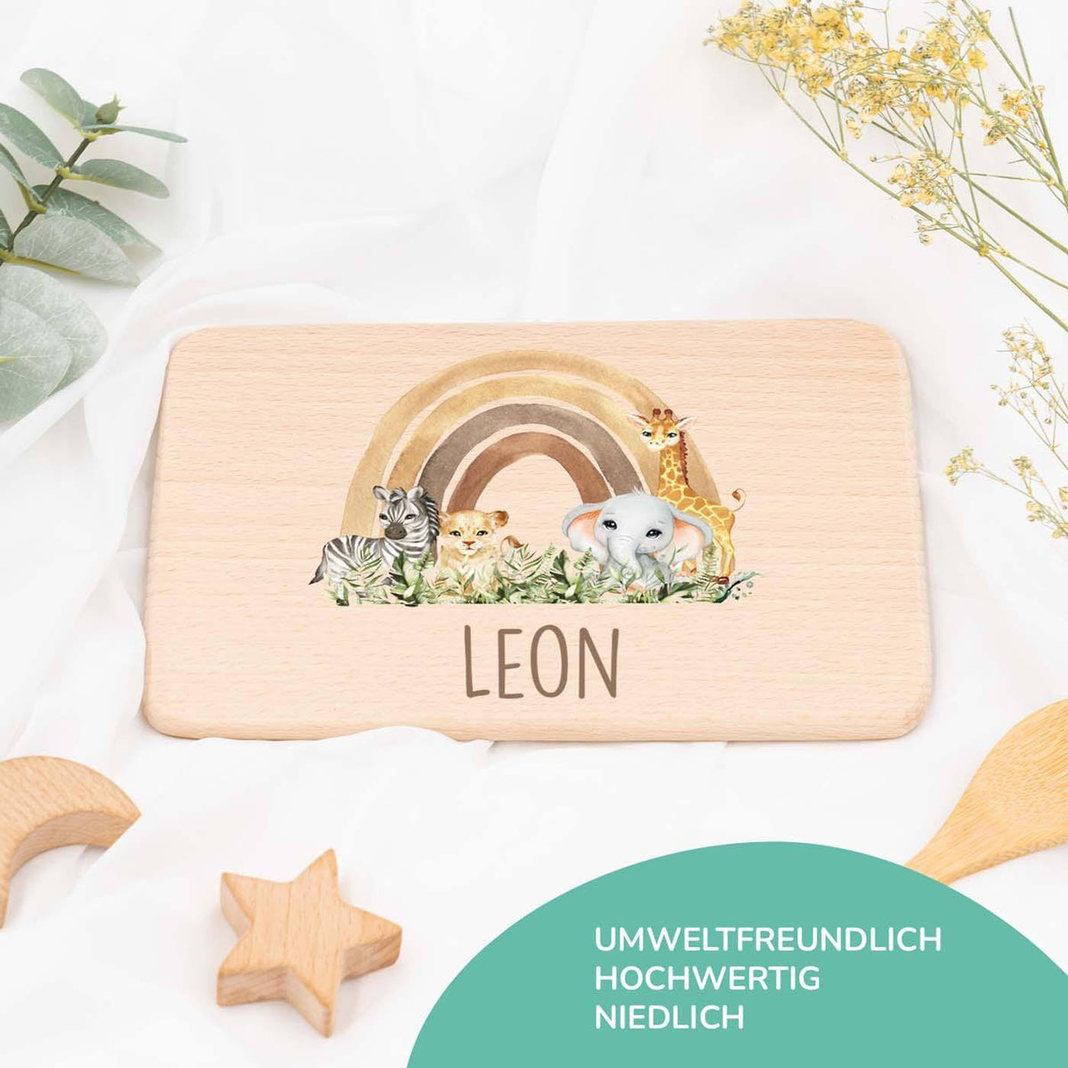frühstücksbrettchen mit rainbow animals motiv und individuellem namen