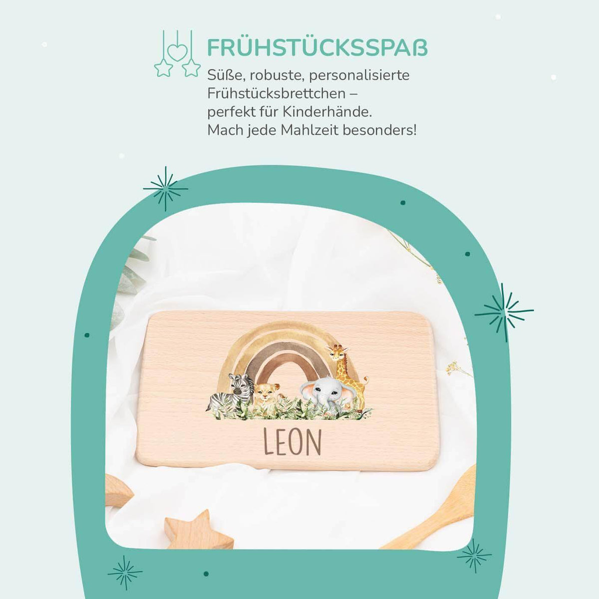 handgefertigtes frühstücksbrettchen mit rainbow animals gravur