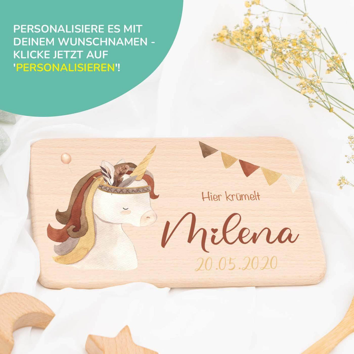 frühstücksbrettchen mit einhorn boho motiv und individuellem namen