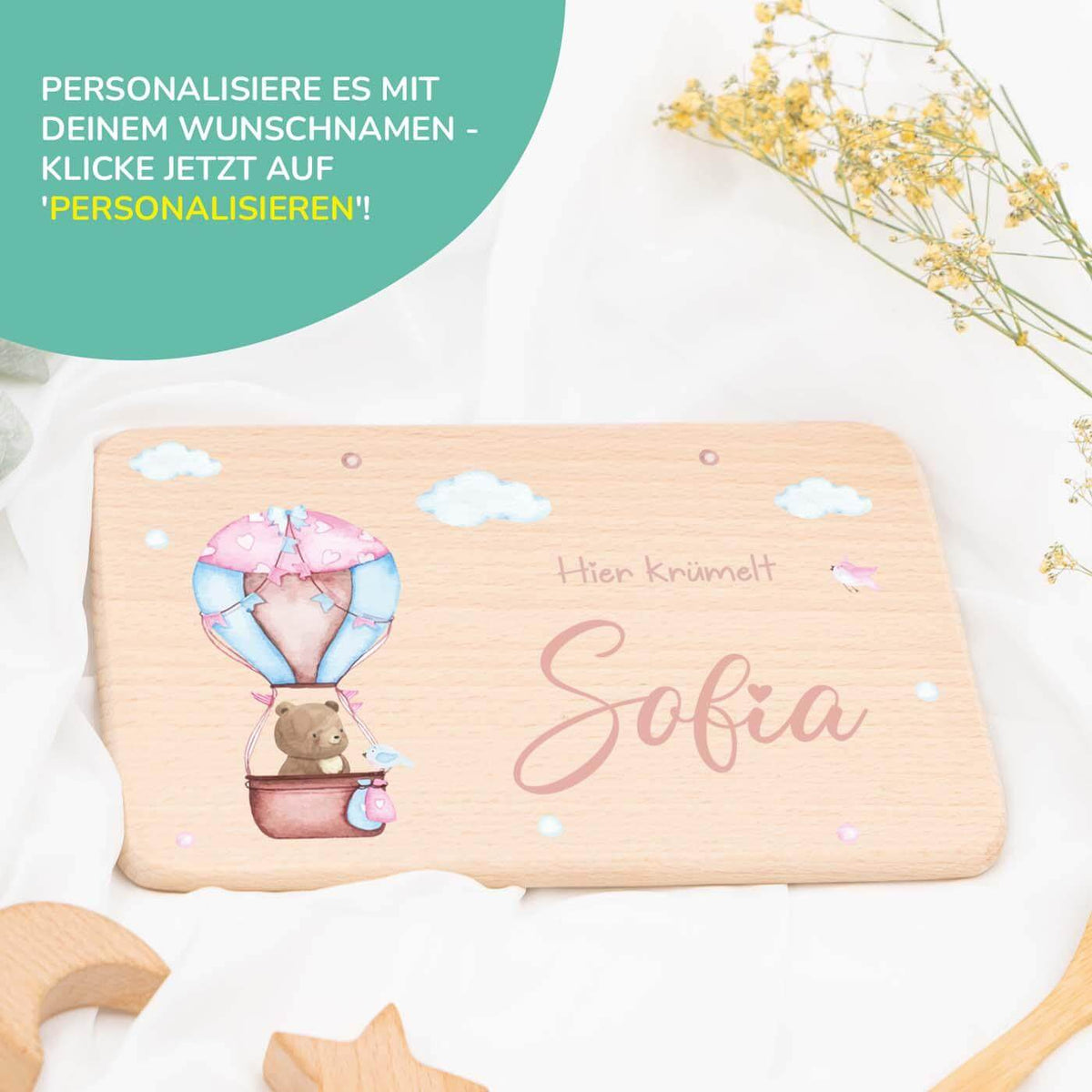 hochwertiges frühstücksbrettchen mit ballon-bär personalisiert