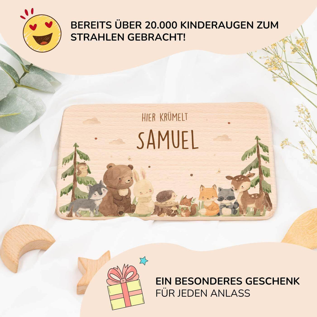 handgefertigtes frühstücksbrettchen mit waldtiere gravur
