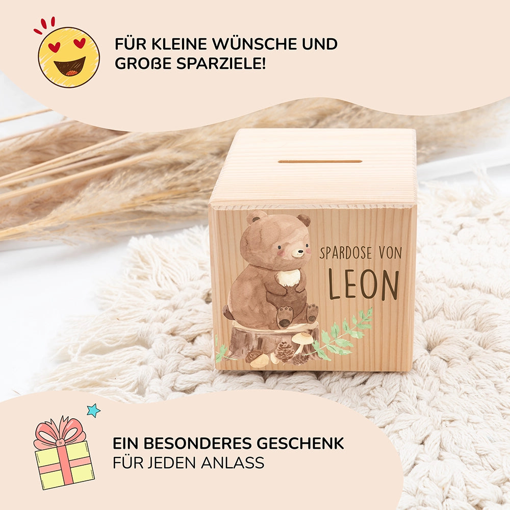 Spardose Kinder, Sparschwein personalisiert bunt - Bär Waldtiere