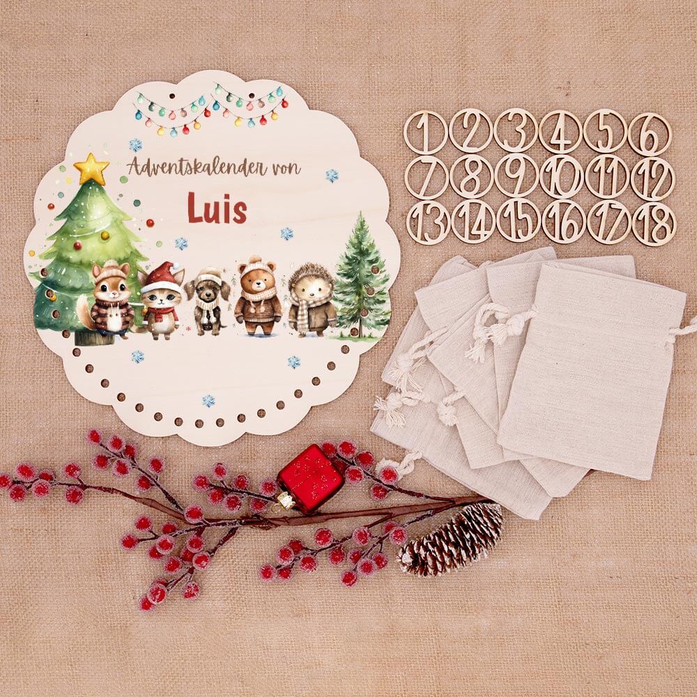 Personalisierter runder Adventskalender Kinder aus Holz - Winterwaldtiere