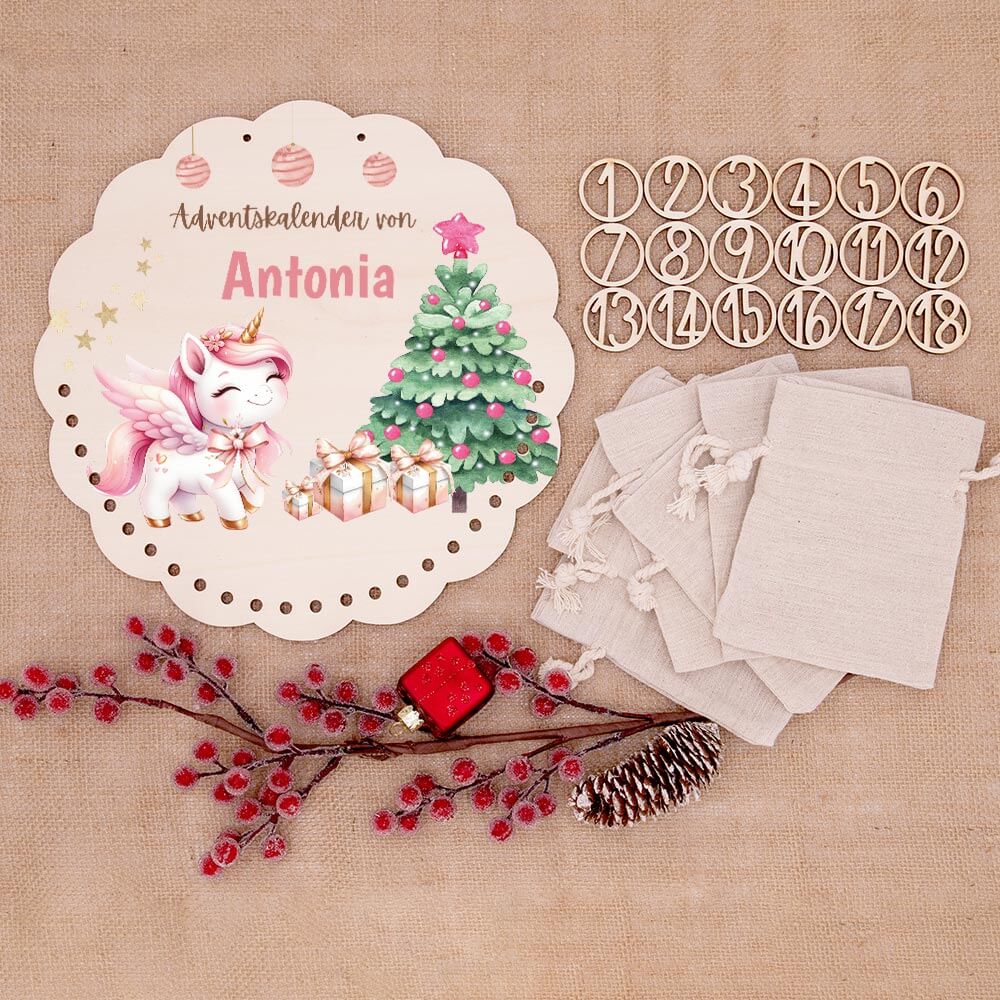 Personalisierter runder Adventskalender Kinder aus Holz - Baby Einhorn