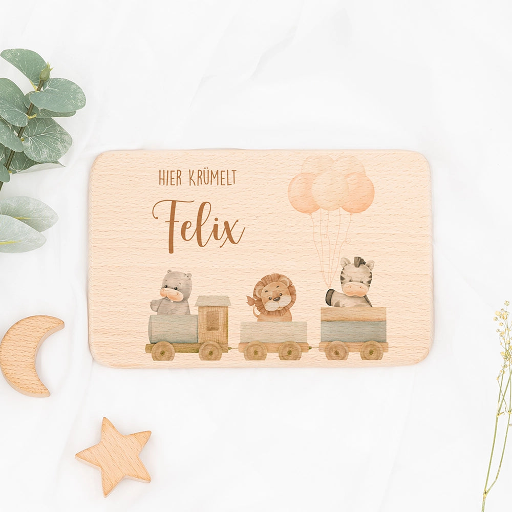 Frühstücksbrettchen Holz personalisiert Tiere Eisenbahn