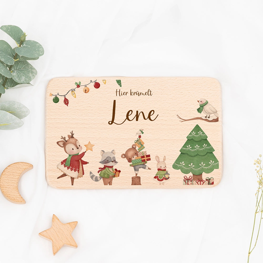Frühstücksbrettchen Weihnachten Tiere und Weihnachtsbaum - Geschenk Weihnachten