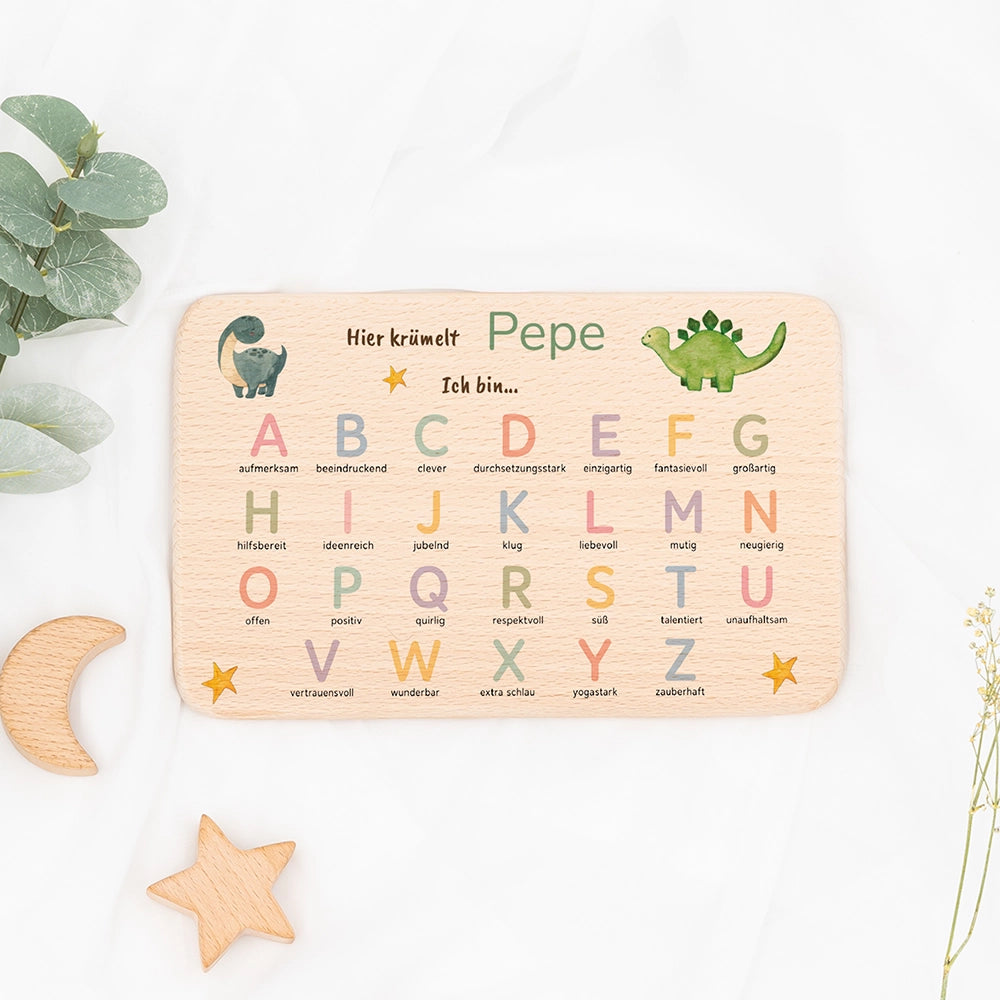 ABC Brettchen Kinder personalisiert – Dinosaurier pastell