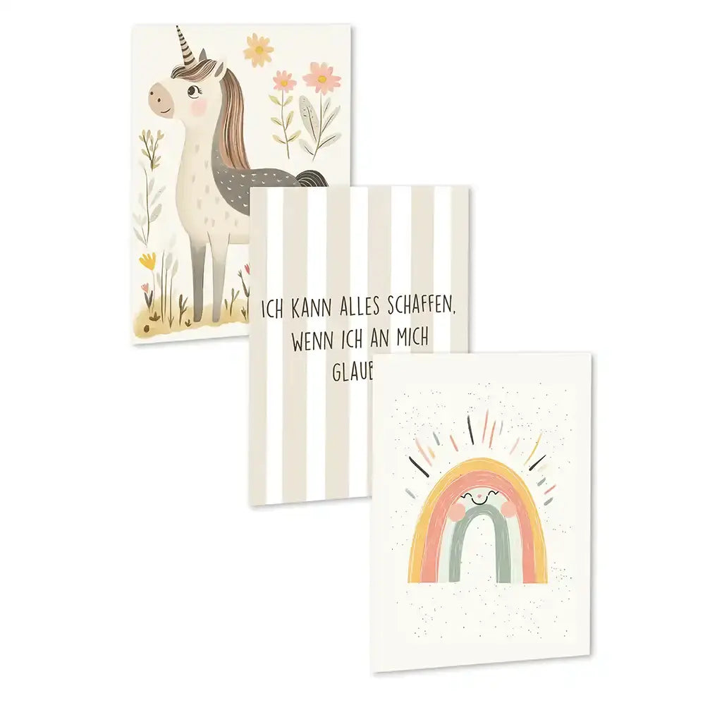 Poster 3er-Set - Einhorn, Regenbogen & Motivation fürs Kinderzimmer