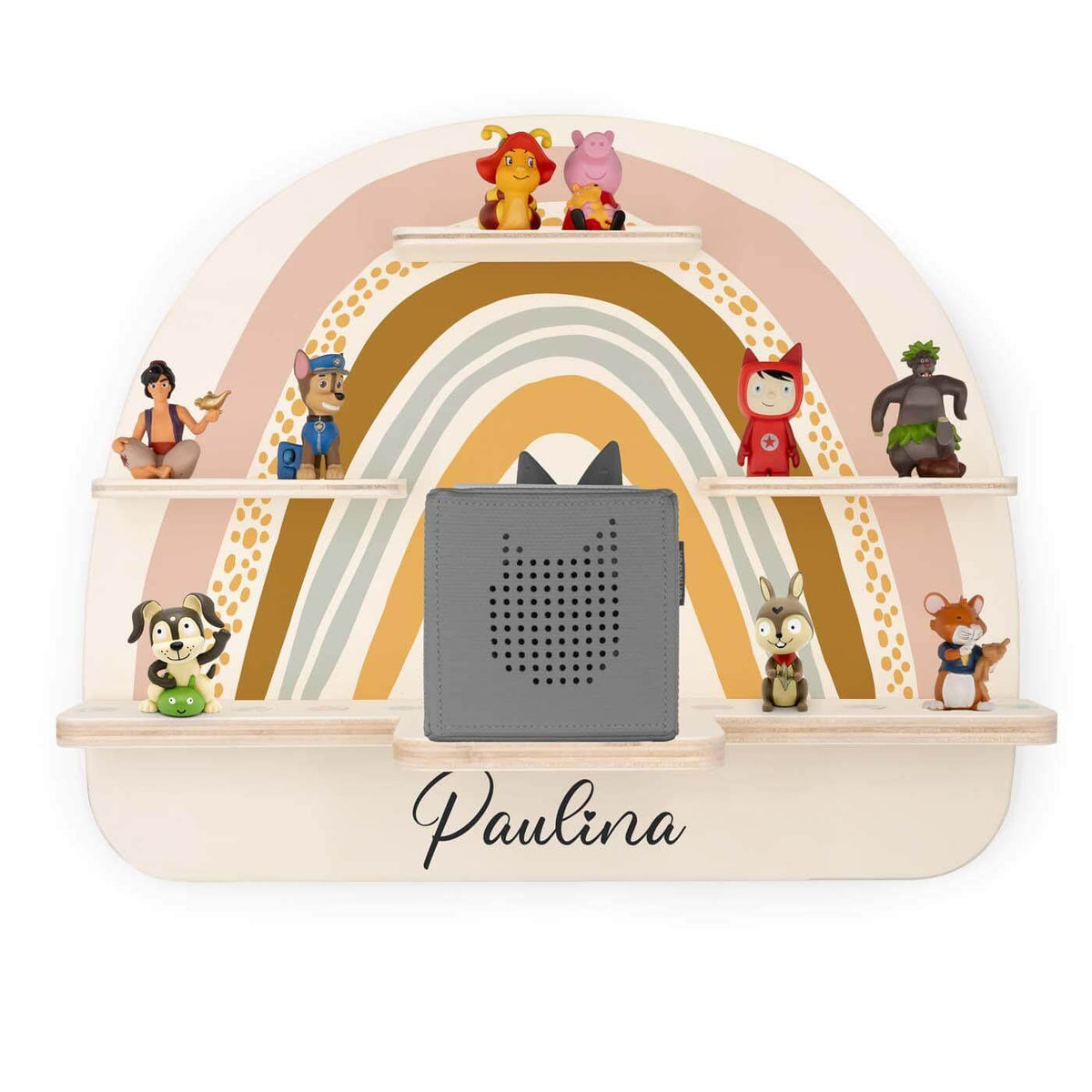 personalized wooden Tonie shelf with rainbow design